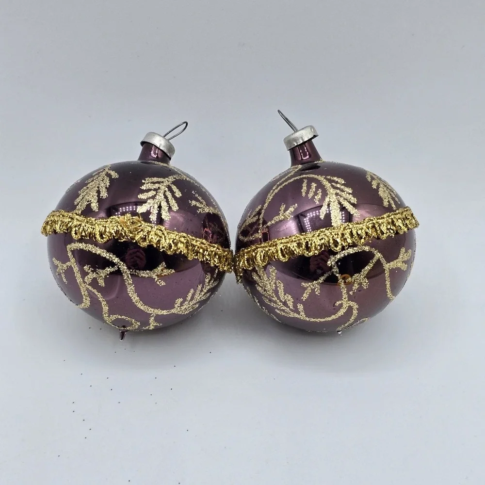 2 Vtg Glass Ball Christmas Ornaments Purple Gold Hand Blown‎ Unique